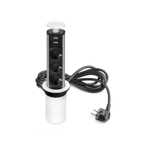 Vertical recessed EU desk power strip with 3 Schuko sockets and 2 USB ports ø 6cm white