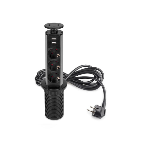 Vertical recessed EU desk power strip with 3 Schuko sockets and 2 USB ports ø 6cm black