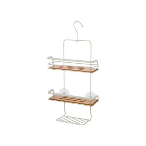 26x55x10cm White Bamboo and Steel 3-Tier Shower Shelf with Hook