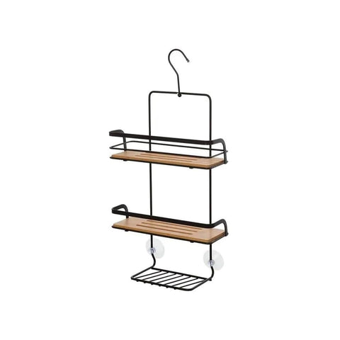 Bamboo Shower Shelf with Hook and 3 Tiers in Black Steel 26x55x10cm