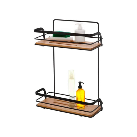 Rectangular Bamboo Shower Shelf with 2 Tiers in Black Steel 26x36x10cm
