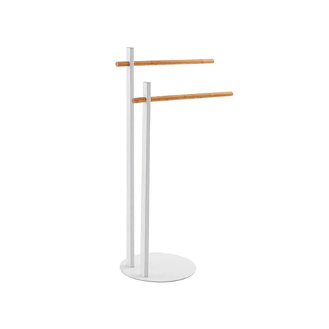2-arm freestanding bamboo towel rack in white steel, 22x80,5x22cm