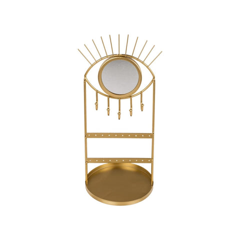 Eye-shaped jewelry holder with stand and gold metal mirror