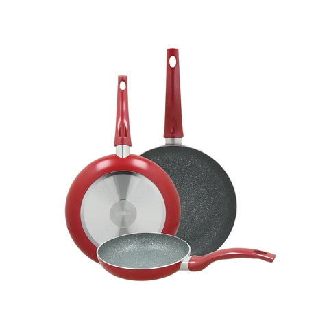 Set of 3 red aluminum frying pans 20 24 28cm