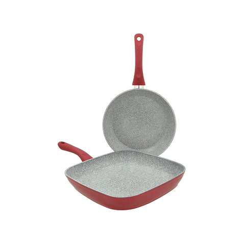 Red aluminum frying pan and griddle set