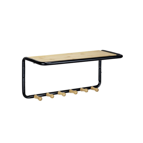 Wall-mounted coat rack with 1 shelf and 6 hooks in bamboo and black metal