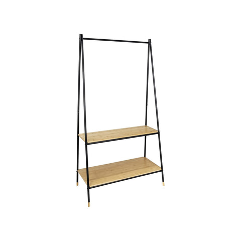 Bamboo freestanding clothes rack with loft and 2 shelves and crossbar