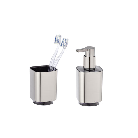 Auron Silver Soap Dispenser and Toothbrush Holder Set