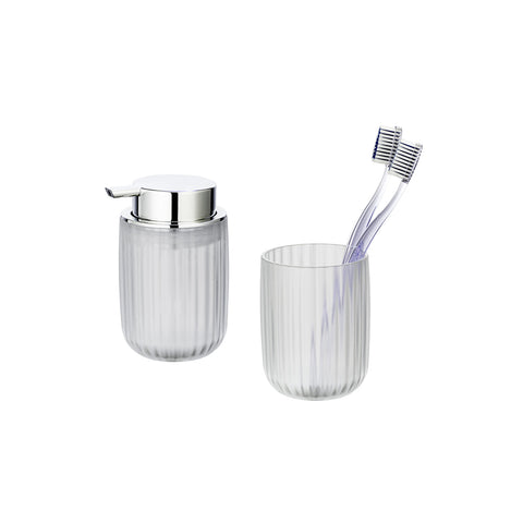 Opal white dispenser and toothbrush holder set