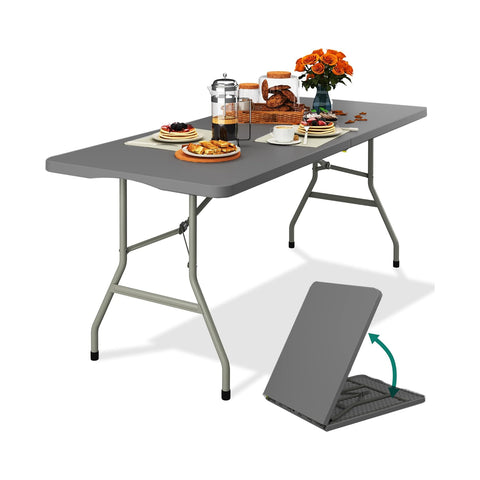 Clori Table 180x75x74 Cm in HDPE, Foldable Suitcase-Style Table, Gray